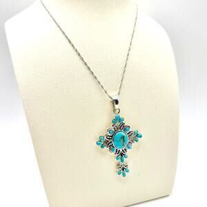 BBJ Southwest Blue Turquoise Sterling Silver Singapore Chain Cross Necklace
